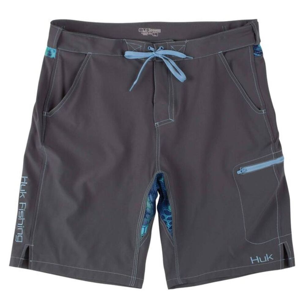 HUK Next Level Board Shorts 10" UPF 30 Perforated Drawstring Gray Blue XXL